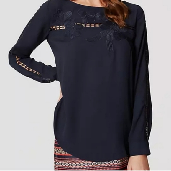 LOFT Tops - LOFT Blue Spruce Floral Embriodered Blouse (Size M)